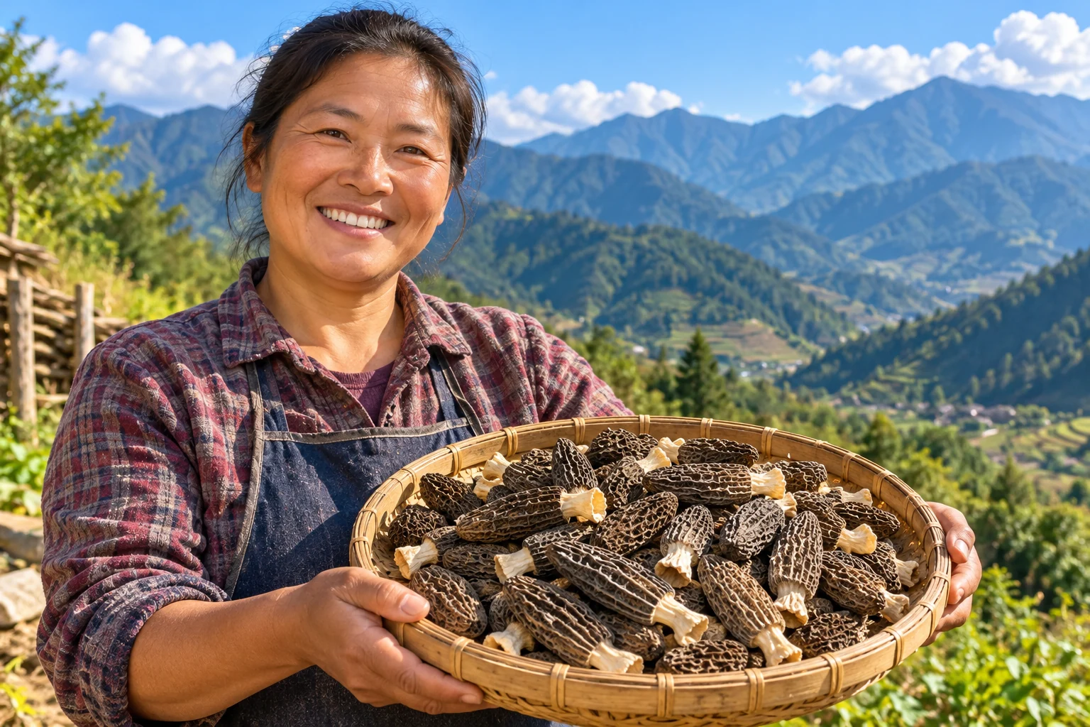 AI-generated illustration: Woman holding a bamboo tray of dried morels against a mountain landscape