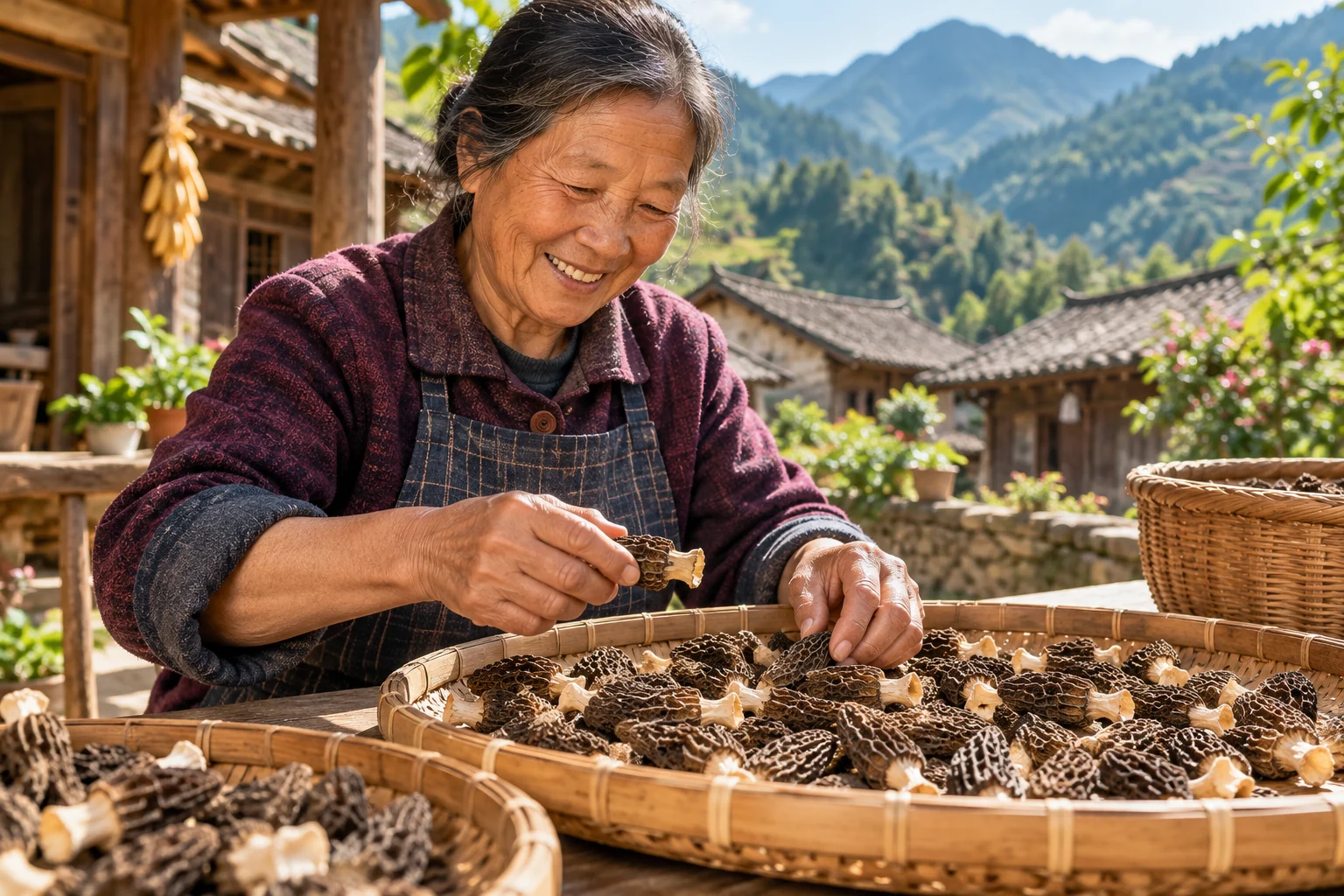 AI-generated illustration: Woman sorting dried morels in a sunlit rural courtyard