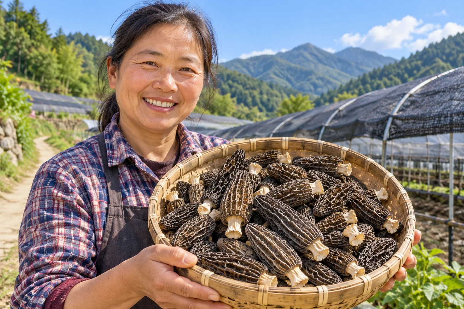 AI-generated illustration: Woman presenting dried morels beside cultivation tunnels