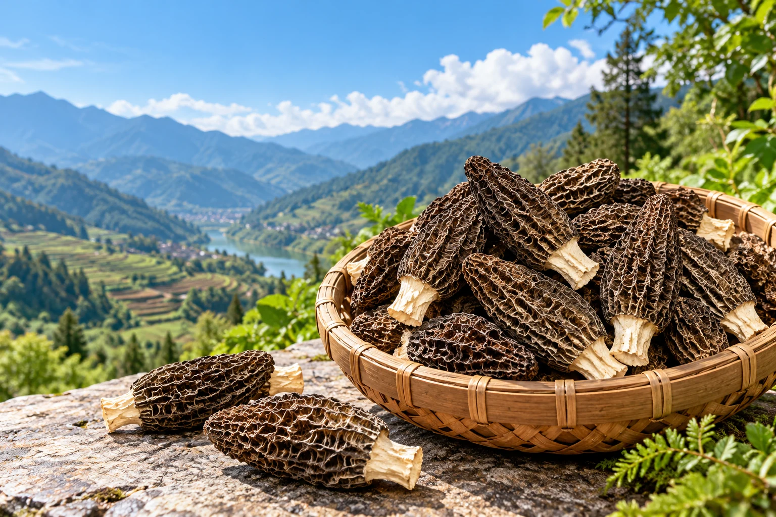 AI-generated illustration: Basket of dried morels overlooking a highland valley