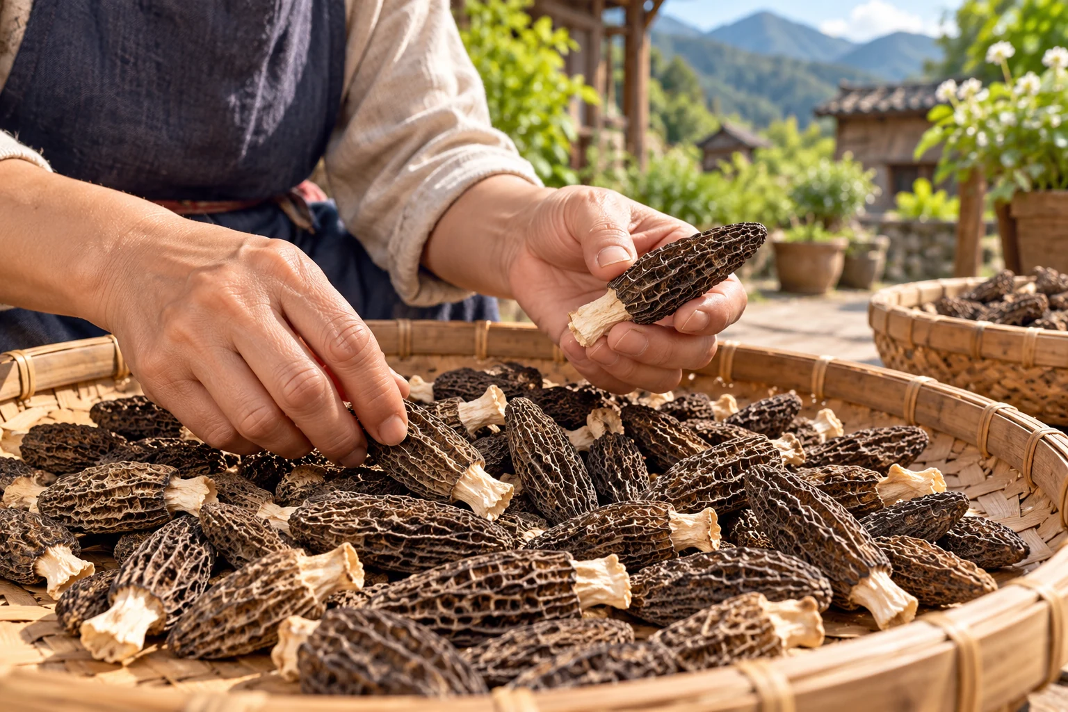 AI-generated illustration: Close view of hands sorting dried morels on a bamboo tray