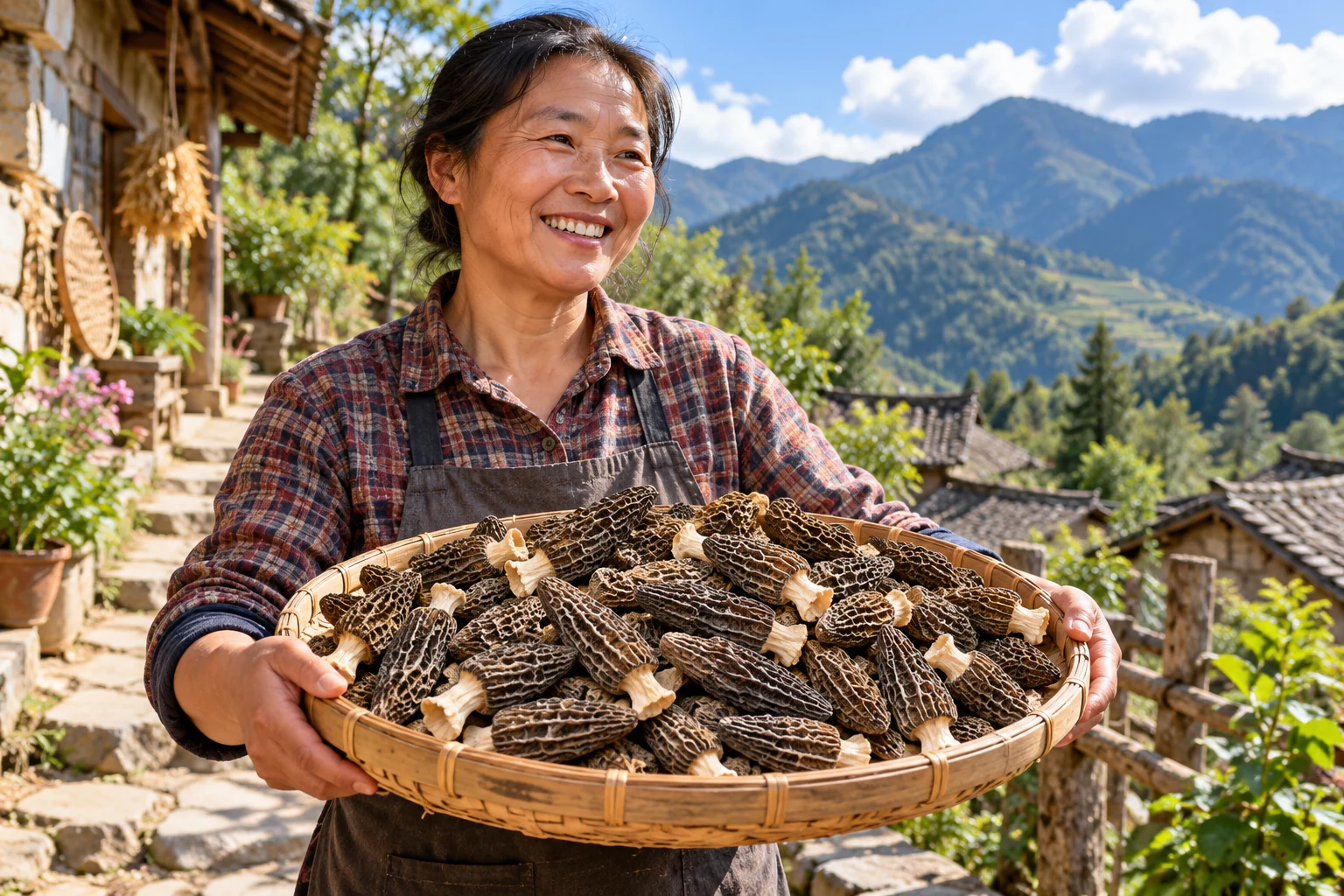AI-generated illustration: Woman carrying a bamboo tray of morels along a village path