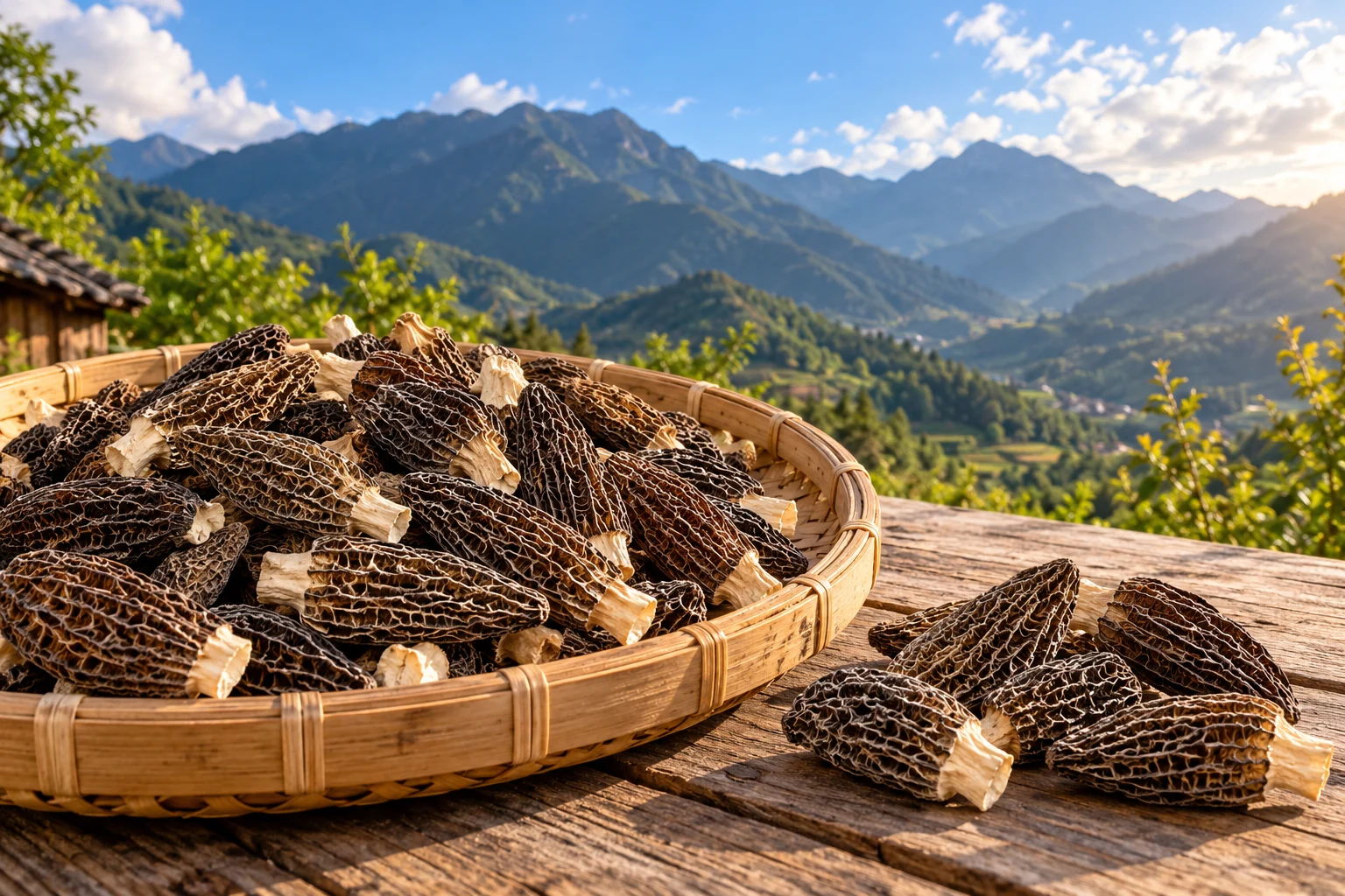 AI-generated illustration: Dried morels on a wooden table overlooking mountain ridges
