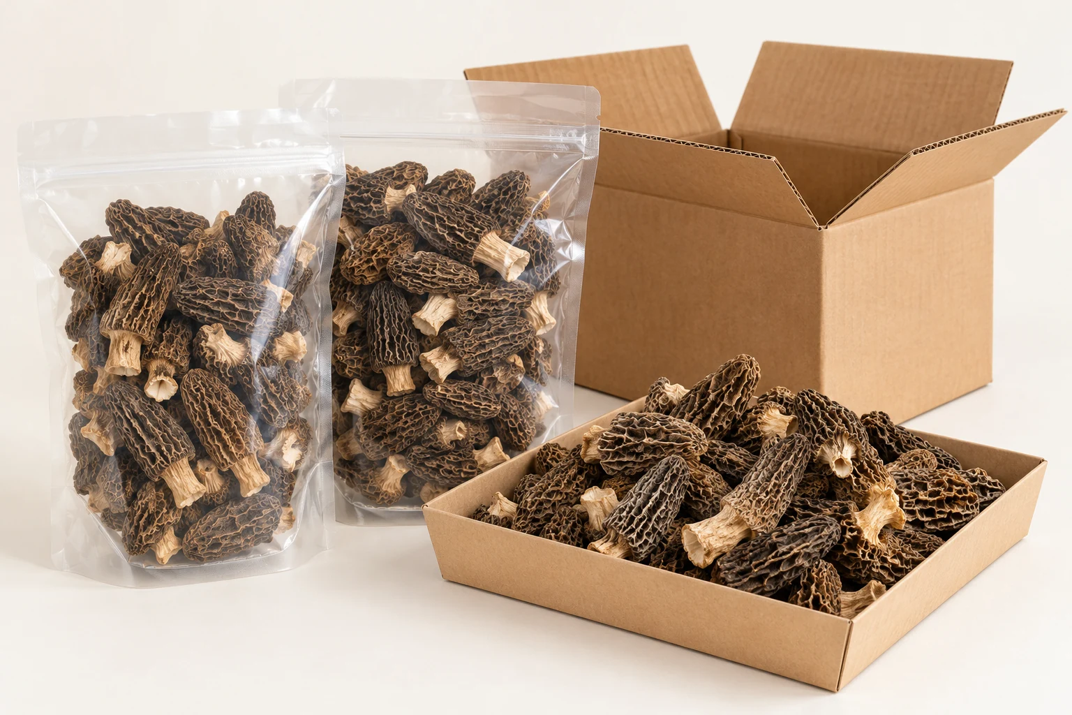 AI-generated illustration: Conceptual clear pouches and plain outer carton for dried morels