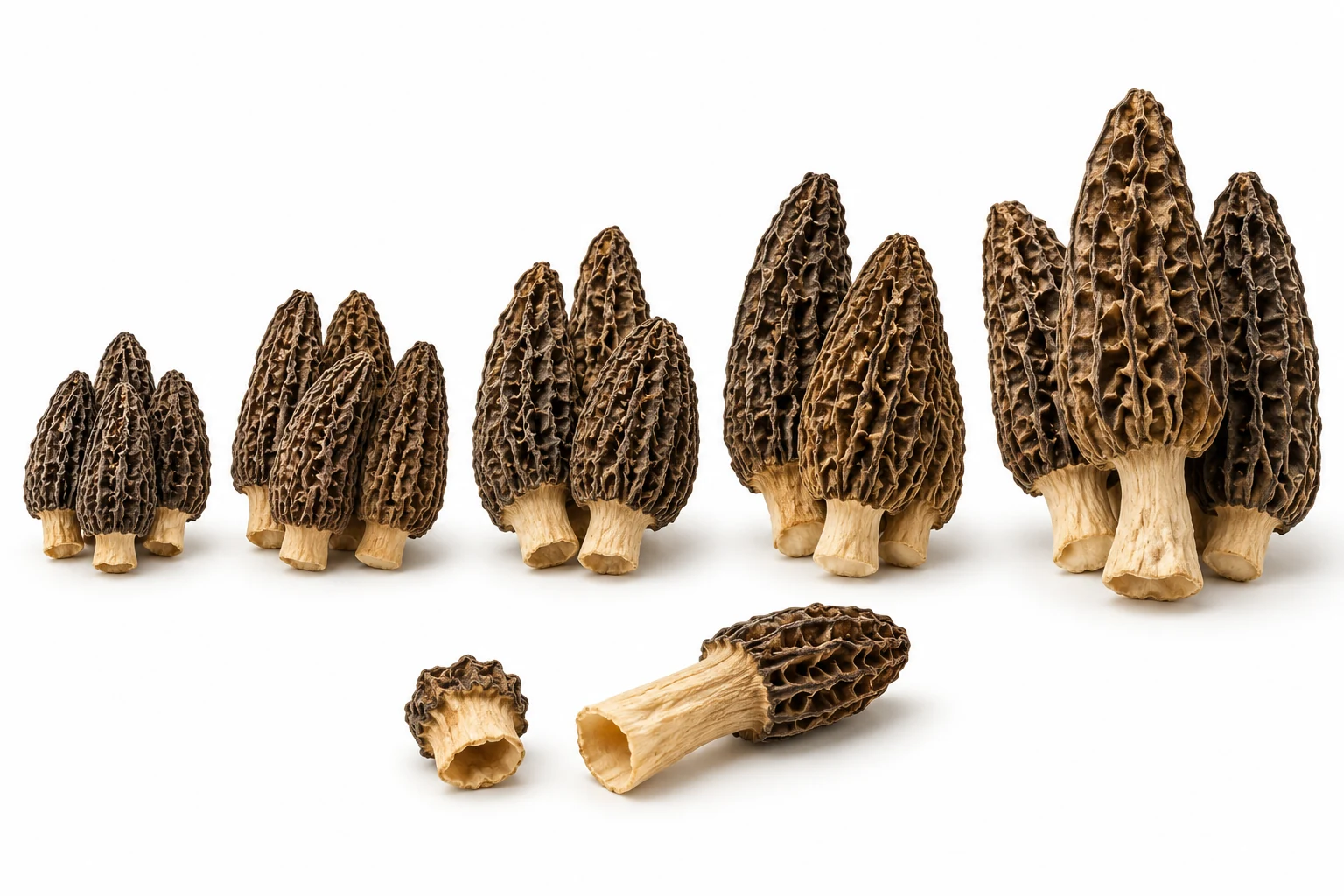 AI-generated illustration: Conceptual comparison of dried morel sizes and stem lengths